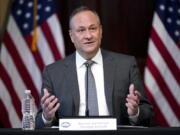 Doug Emhoff, the husband of Vice President Kamala Harris, speaks during a roundtable discussion with Jewish leaders about the rise in antisemitism and efforts to fight hate in the United States in the Indian Treaty Room in the Eisenhower Executive Office Building on the White House Campus in Washington, Wednesday, Dec. 7, 2022.