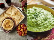 This combination of photos shows recipes for Baked Brie en Croute with Raspberry Jam, from left, hummus, Parmesan Feta Spinach Dip and Deviled Eggs. (Cheyenne M.