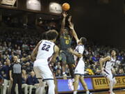 Baylor guard Adam Flagler (10) shoots a fadeaway jump shot during the first half of an NCAA college basketball game against Gonzaga, Friday, Dec. 2, 2022, in Sioux Falls, S.D.