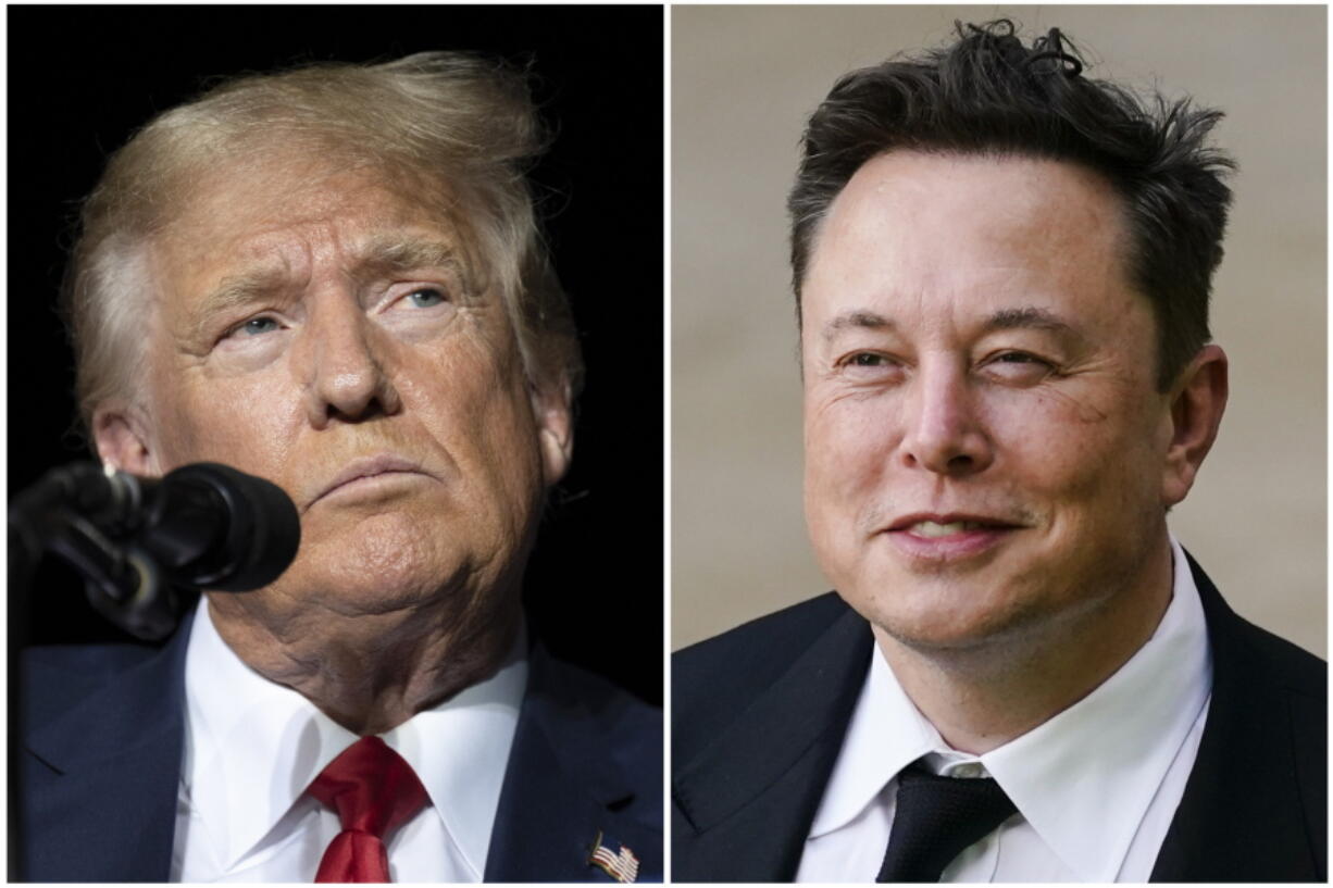 This combination of photos shows former President Donald Trump during rally at the Minden Tahoe Airport in Minden, Nev., Oct. 8, 2022, left, and Elon Musk in Wilmington, Del., July 12, 2021. Trump and Musk share a reputation as disrupters. Now, they're grappling with tribulations that may be unlike anything thrown at them before.