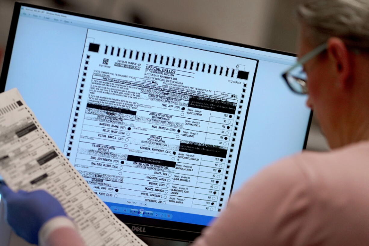 FILE - An election worker verifies a ballot on a screen inside the Maricopa County Recorders Office, Thursday, Nov. 10, 2022, in Phoenix.  On Friday, Dec. 2, The Associated Press reported on stories circulating online incorrectly claiming Arizona's Maricopa County announced that more than 540,000 voters visited voting centers on Election Day and that only 248,000 Election Day ballots were counted. Therefore, the county "lost" some 292,000 votes.