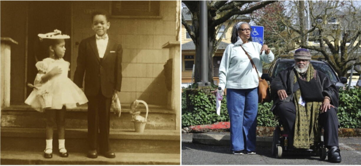 In these photos provided by the Fouther Family Archives and Ariel Kane are Elizabeth Fouther-Branch and Bobby Fouther as children standing in front of their home and in 2021 standing in the front of the parking lot where their house used to stand in Portland, Ore. The siblings are now among 26 Black people who either lived in the neighborhood or who are descendants of former residents who are suing Portland, the city's economic and urban development agency and Legacy Emanuel Hospital for the "racist" destruction of the homes and forced displacement.