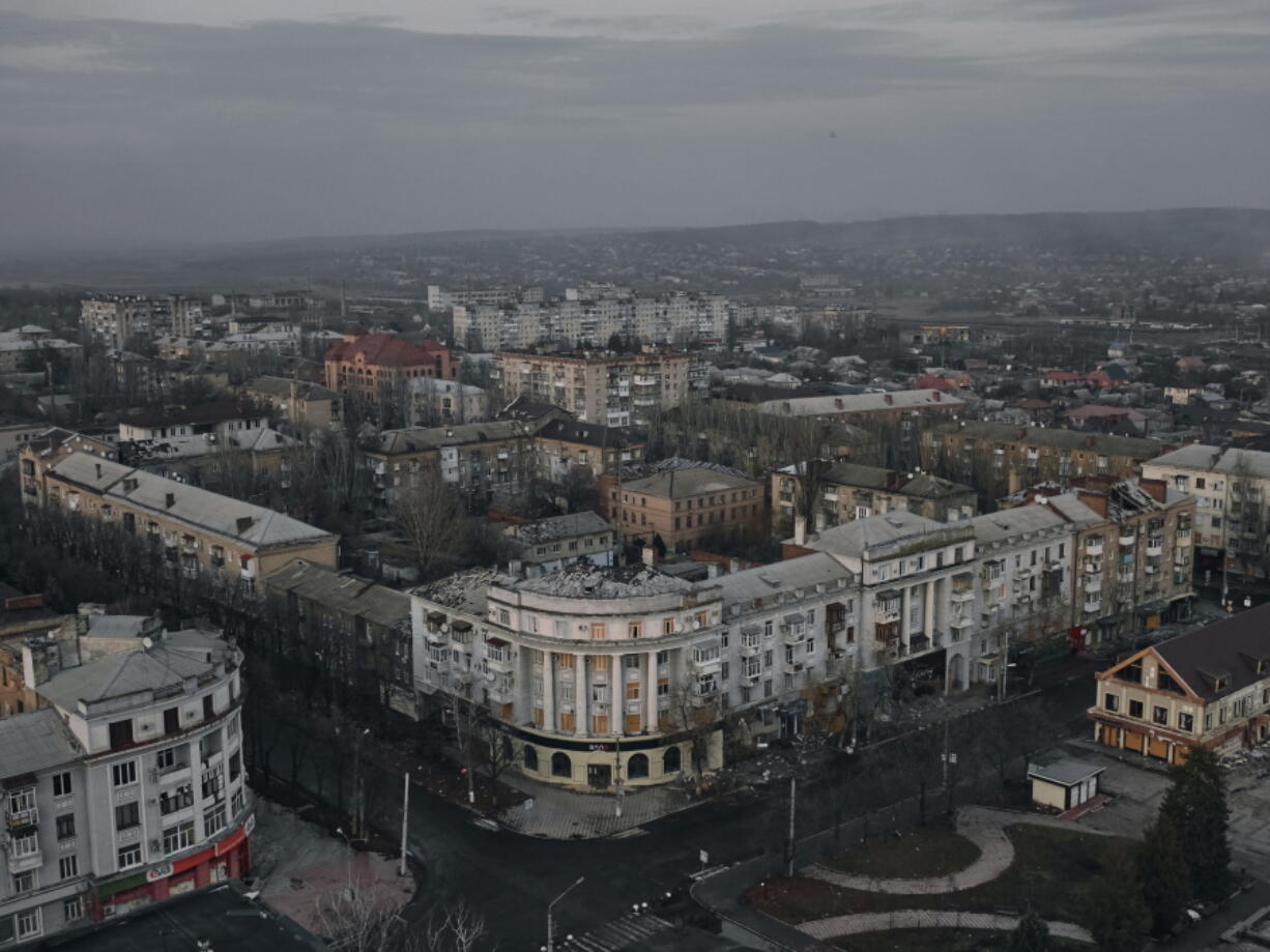 An aerial view of Bakhmut, the site of the heaviest battles with the Russian troops, in the Donetsk region, Ukraine, Friday, Dec. 9, 2022.