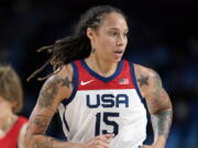 FILE - Brittney Griner (15) runs up court during the women's basketball gold medal game against Japan at the 2020 Summer Olympics on Aug. 8, 2021, in Saitama, Japan. The return of Brittney Griner to the United States in a dramatic prisoner swap with Russia marked the culmination of a 10-month ordeal that captivated world attention, a saga that landed at the intersection of sports, politics, race and gender identity -- and wartime diplomacy.