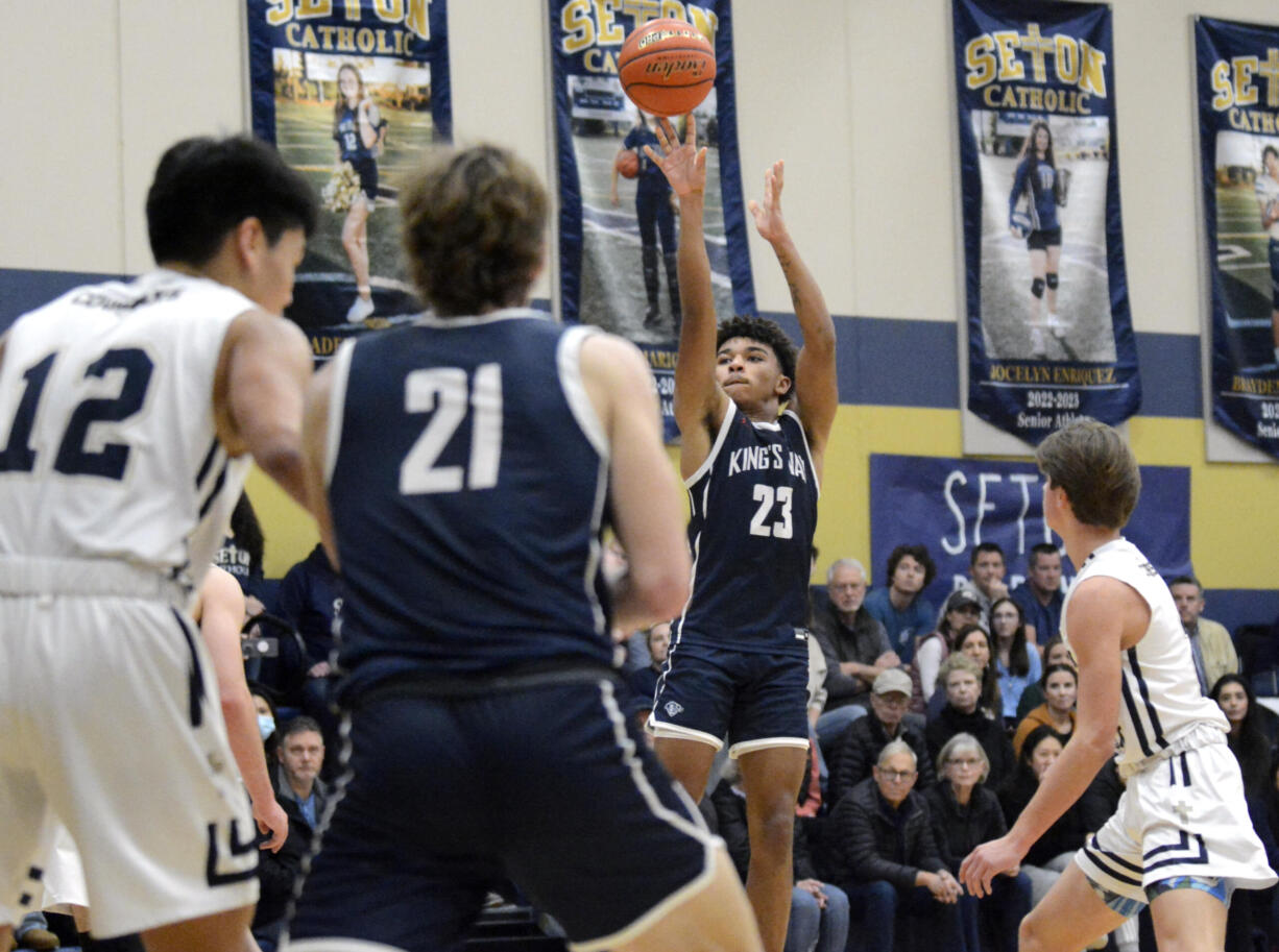 King’s Way Christian’s Jamison Duke (23) releases a jump shot during a Trico League boys basketball game against Seton Catholic on Thursday, Jan. 12, 2023, in Vancouver.