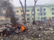 The aftermath of a Russian airstrike on a maternity hospital in the Ukrainian city of Mariupol on March 9, 2022.