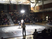 Kayden Miller of Union wrestles Cameron Hanley of Camas in a wrestling dual match at Union HIgh School on Wednesday, Jan. 18, 2023.