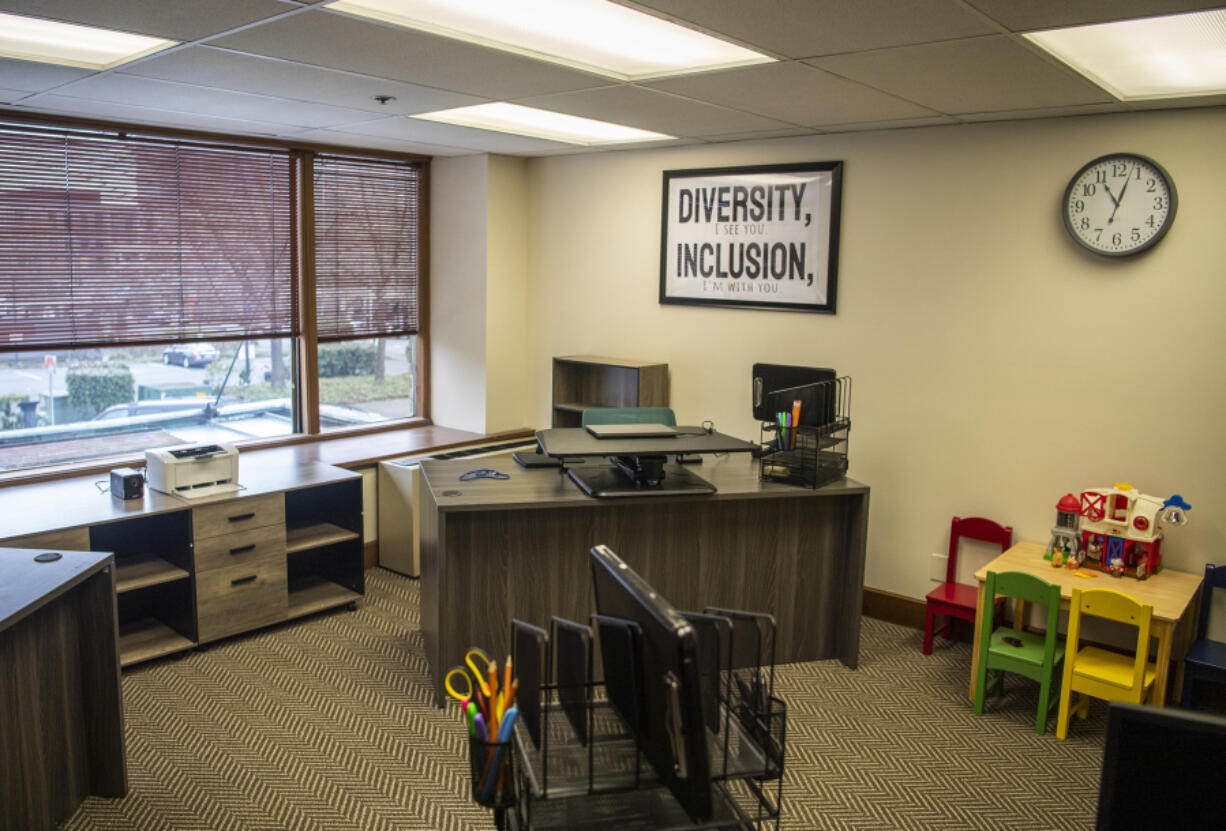 Desks sit inside the Mullen-Polk Foundation's Family Resource Center at the nonprofit headquarters in downtown Vancouver. The center will help connect individuals and families to resources throughout the community to help get their basic needs met.