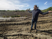 Juan Carlos, 38, owner of American Berry Farm in Ventura, stands beside a 20-acre strawberry field that was recently flooded when the nearby Santa Clara River overflowed amid heavy rains.