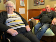 Marjorie Kruger visits with son Dan White in her new room at the Evangelical Lutheran Good Samaritan Society nursing home in Waukon, Iowa. Kruger transferred to the Waukon facility in September 2022, because Good Samaritan was closing its Postville, Iowa, home, where she lived for six years.