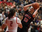 Union freshman Brooklynn Haywood shoots the ball Tuesday, Jan. 3, 2023, during the Papermakers’ 63-52 win against Union at Camas High School.