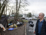 Tom Miller owns property next to a homeless encampment in Vancouver's North Image neighborhood called "The Swamps" by its residents. The Washington State Department of Transportation is trying to sell the land where The Swamps sits, meaning the camp will eventually be cleared and its residents will have to find a new home.