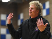 Columbia River head coach Jesse Norris talks to an official Tuesday, Jan. 10, 2023, during the Rapids’ 41-39 win against Ridgefield at Ridgefield High School.