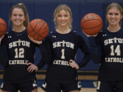 Seton Catholic basketball players Anna Mooney (12), Keira Williams (1) and Hannah Jo Hammerstrom (14) have the team off to a successful start.