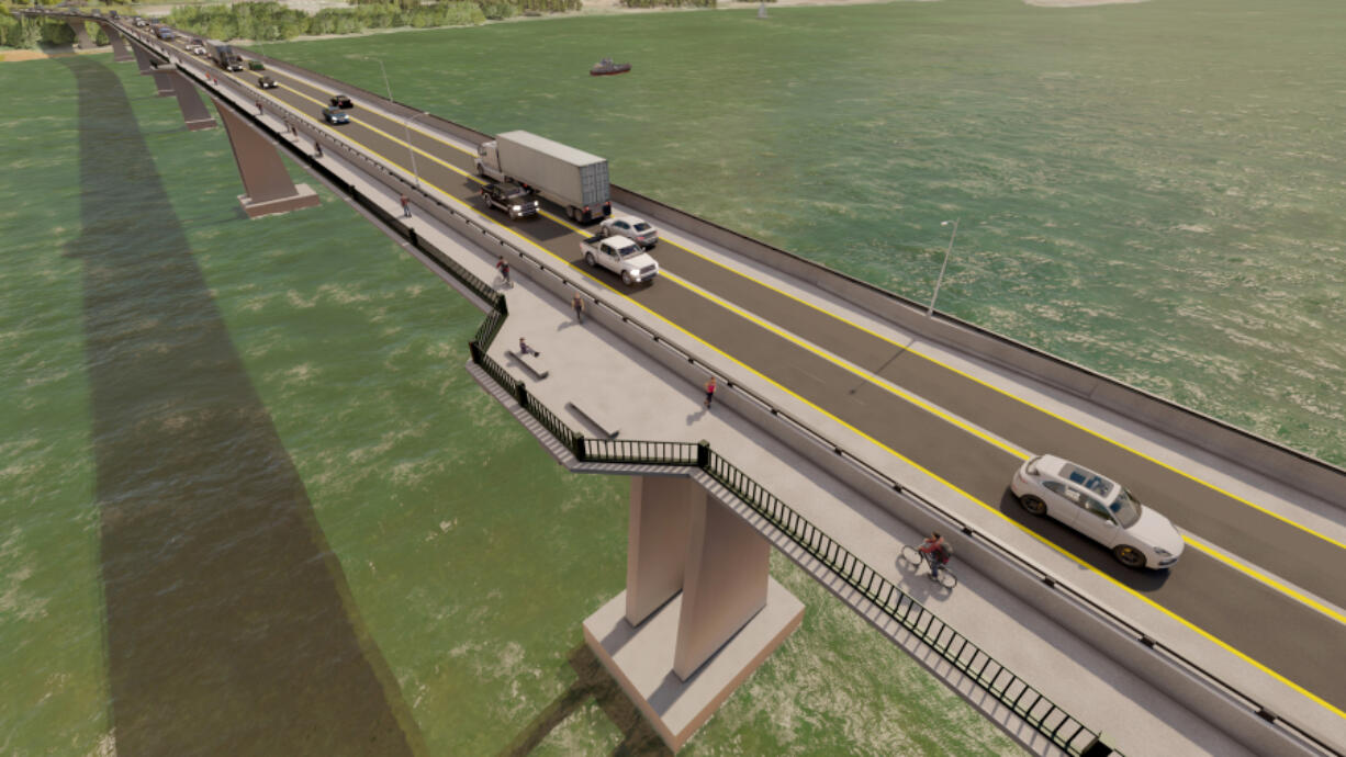 A rendering shows the Hood River-White Salmon Interstate Bridge replacement, which, like the proposed I-5 project, would allow for bikes and pedestrians to cross the river safely.