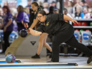 Evergreen senior Kierra Wilcox bowls Friday, Jan. 27, 2023, during the 4A/3A District Bowling Tournament at Husted’s Hazel Dell Lanes.