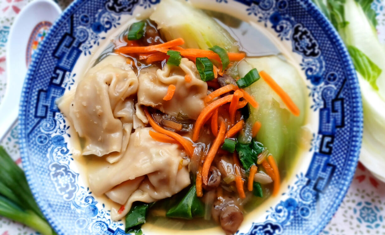 I made my own wontons for this warming soup. Find wonton wrappers in the refrigerated section of most grocery stores.