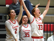 Camas sophomores Kendall Mairs, left, Keirra Thompson, center, and junior Addison Harris celebrate a basket Tuesday, Jan. 31, 2023, during the Papermakers’ 77-34 win against Skyview at Camas High School.