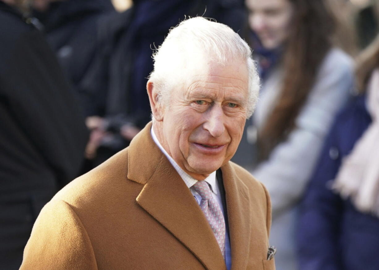 Britain's King Charles III arrives to attend a morning church service at Castle Rising Church in Norfolk, England, Sunday, Jan. 8, 2023.