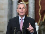 Speaker of the House Kevin McCarthy, R-Calif., speaks during a news conference in Statuary Hall at the Capitol in Washington, Thursday, Jan. 12, 2023. McCarthy rounded his first full week as House speaker in the most outwardly orderly way. There was hardly a hint of the chaotic, rebellious fight it took for the Republicans to arrive here, having barely installed him as the leader with the gavel.