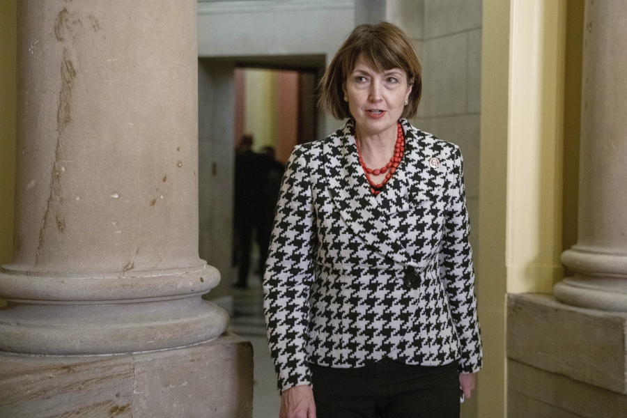 FILE - Rep. Cathy McMorris Rodgers, R-Wash., leaves the Speaker's office to walk to the House chamber, Friday, Jan. 6, 2023, to attend the 14th vote for speaker of the House, on Capitol Hill in Washington.