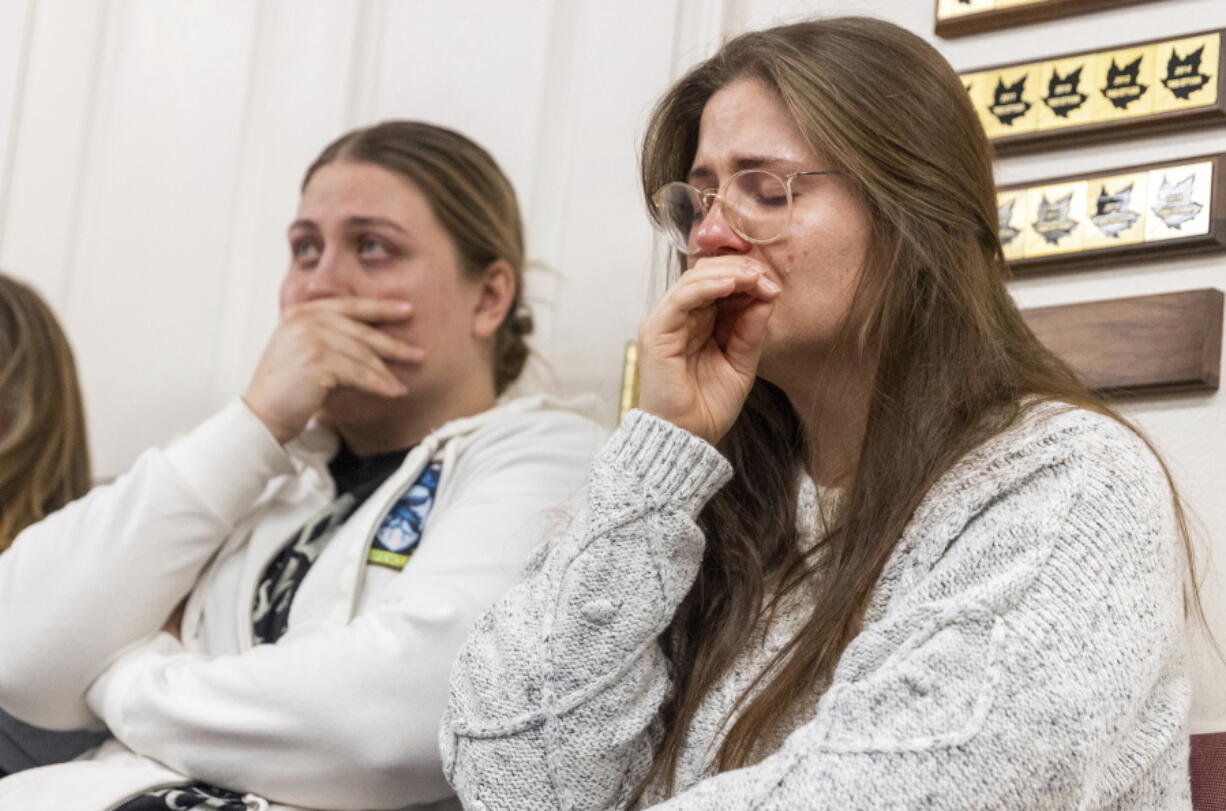 Jess, left, sits next to her sister, Cecily, during a press conference regarding the killing of a family in Enoch, Utah on Thursday, Jan. 5, 2023. A Utah man fatally shot his five children, his mother-in-law and his wife, then killed himself two weeks after the woman had filed for divorce, according to authorities and public records.(Ben B.