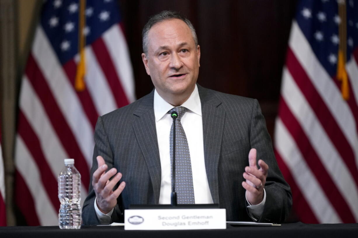 FILE - Doug Emhoff, the husband of Vice President Kamala Harris, speaks during a roundtable discussion with Jewish leaders about the rise in antisemitism and efforts to fight hate in the United States in the Indian Treaty Room in the Eisenhower Executive Office Building on the White House Campus in Washington, Dec. 7, 2022. Emhoff is set to visit Poland and Germany between  Jan. 26-31, 2023, to mark International Holocaust Remembrance Day and to hold meetings aimed at combatting rising antisemitism in the U.S. and around the world.