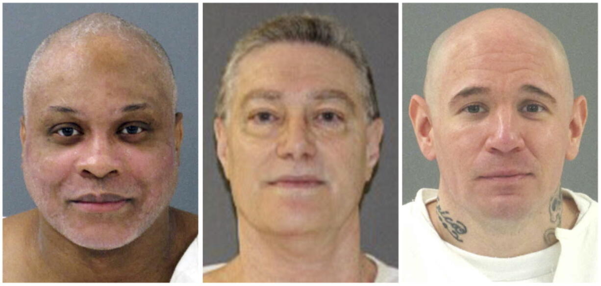 These images provided by the Texas Department of Criminal Justice, shows Texas death row inmates, from left, John Balentine, Robert Fratta, and Wesley Ruiz. Texas plans to use expired and unsafe drugs to carry out executions early this year in violation of state law, the three death row inmates allege in a lawsuit. Prison officials deny the claim and say the state's supply of execution drugs is safe.