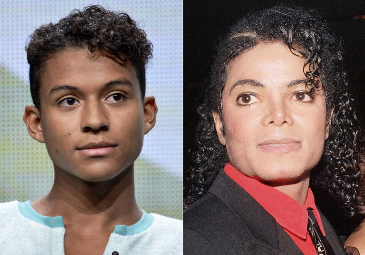 Jaafar Jackson appears during the "Living with The Jacksons" panel at the Reelz Channel 2014 Summer TCA in Beverly Hills, Calif., on July 12, 2014, left, and Michael Jackson appears at the American Cinema Award gala in Beverly Hills, Calif., on Jan. 9, 1987. Michael Jackson's 26-year-old nephew, Jaafar, will play the King of Pop in a planned biopic to be directed by Antoine Fuqua.