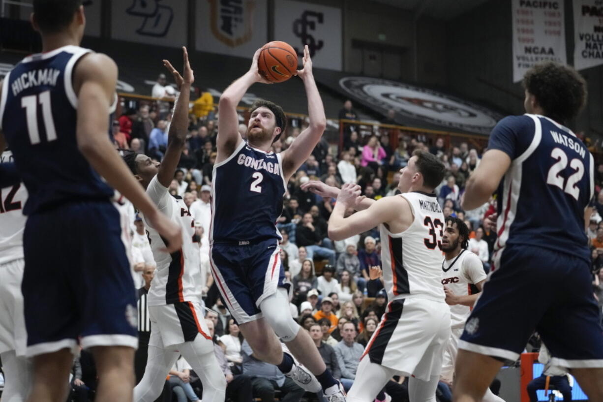 Gonzaga forward Drew Timme (2) shoots against Pacific during the second half of an NCAA college basketball game in Stockton, Calif., Saturday, Jan. 21, 2023. (AP Photo/Godofredo A.