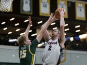 Gonzaga forward Drew Timme (2) shoots against San Francisco forward Zane Meeks (15) during the first half of an NCAA college basketball game in San Francisco, Thursday, Jan. 5, 2023.