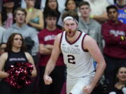 Gonzaga forward Drew Timme reacts during the second half of the team's NCAA college basketball game against Santa Clara in Santa Clara, Calif., Saturday, Jan. 7, 2023. (AP Photo/Godofredo A.