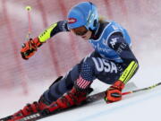 United States' Mikaela Shiffrin speeds down the course during an alpine ski, women's World Cup giant slalom, in Kronplatz, Italy, Tuesday, Jan. 24, 2023.