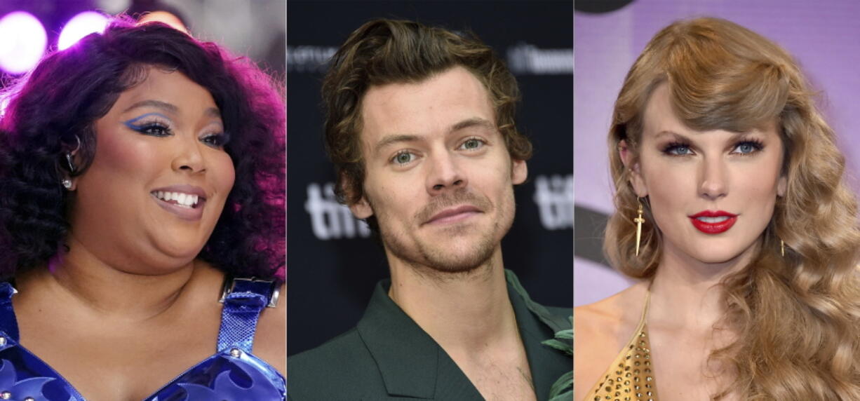 This combination of photos show Lizzo performing on NBC's "Today" show in New York on July 15, 2022, left, Harry Styles at the premiere of "My Policeman"  during the Toronto International Film Festival on Sept. 11, 2022, center, and Taylor Swift at the American Music Awards in Los Angeles on Nov. 20, 2022. Lizzo, Styles, and Swift lead the 2023 iHeartRadio Music Awards nominations with seven nods each.