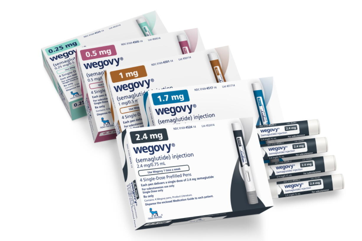 This image provided by Novo Nordisk in January 2023, shows packaging for the company's Wegovy drug. Children struggling with obesity should be evaluated and treated early and aggressively, with medications for kids as young as 12 and surgery for those as young as 13 who qualify, according to new guidelines released by the American Academy of Pediatrics on Monday, Jan. 9, 2023. A study published in the New England Journal of Medicine in December 2022, found that Wegovy helped teens reduce their body mass index by about 16% on average, better than the results in adults.