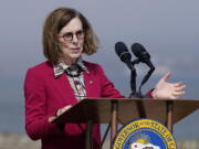 FILE - Oregon Gov. Kate Brown speaks in San Francisco, on Oct. 6, 2022. Brown faced unprecedented challenges in her term: COVID-19, a surge in homelessness, street fights between police, racial justice protesters and right-wing extremists.