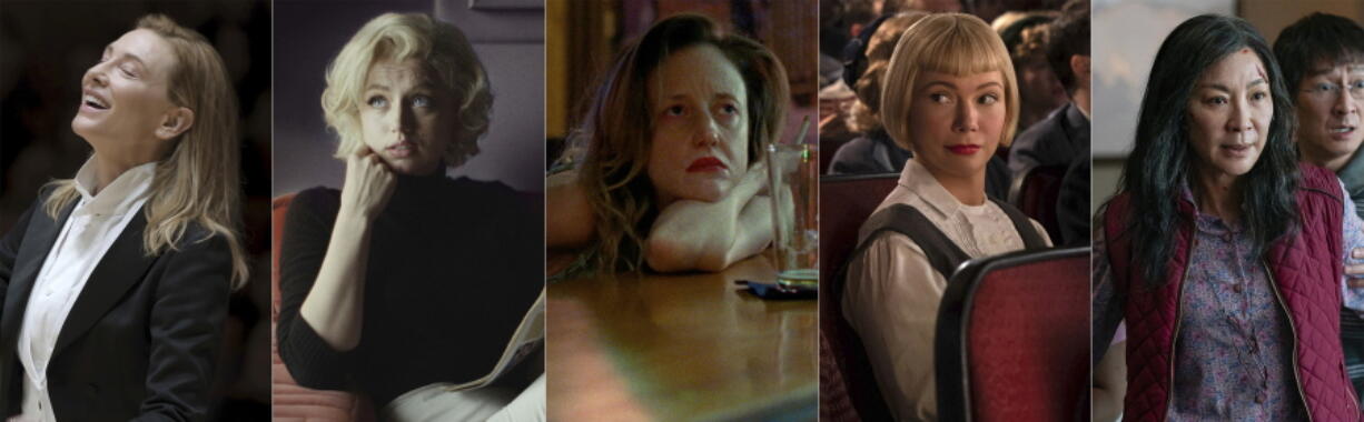 This combination of images shows Oscar nominees for best actress, from left, Cate Blanchett in "T??r," Ana de Armas in "Blonde," Andrea Riseborough in "To Leslie," Michelle Williams in "The Fabelmans," and Michelle Yeoh in "Everything Everywhere All at Once." (Focus Features/Netflix/Momentum Pictures/Universal/A24 via AP)