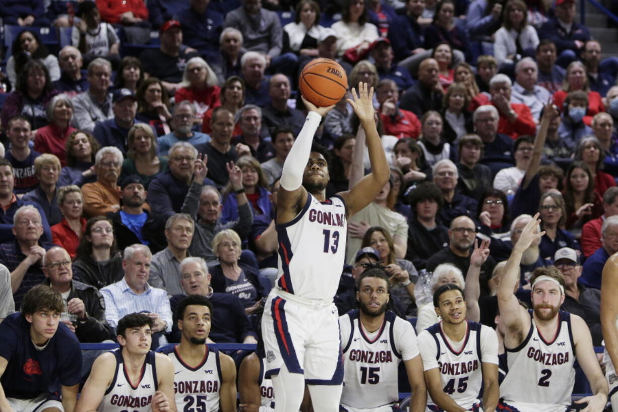 Gonzaga guard Malachi Smith shoots during the second half of the team's NCAA college basketball game against Portland, Saturday, Jan. 14, 2023, in Spokane, Wash. Gonzaga won 115-75.