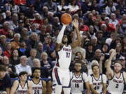 Gonzaga guard Malachi Smith shoots during the second half of the team's NCAA college basketball game against Portland, Saturday, Jan. 14, 2023, in Spokane, Wash. Gonzaga won 115-75.