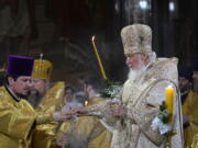 Russian Orthodox Patriarch Kirill delivers a Christmas service in the Christ the Saviour Cathedral in Moscow, Russia, Friday, Jan. 6, 2023. Orthodox Christians celebrate Christmas on Jan. 7, in accordance with the Julian calendar.