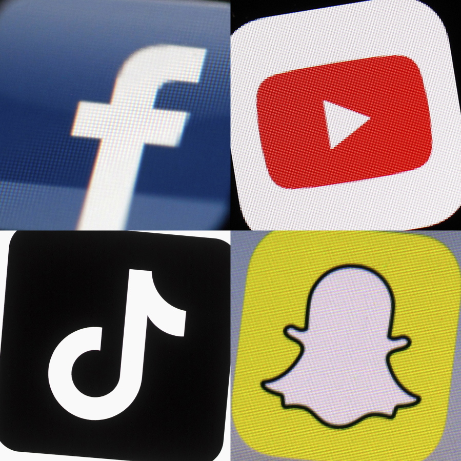 This combination of 2017-2022 photos shows the logos of Facebook, YouTube, TikTok and Snapchat on mobile devices. On Friday, Jan. 6, 2023, Seattle Public Schools filed a lawsuit in U.S. District Court, suing the tech giants behind TikTok, Instagram, Facebook, YouTube and Snapchat, seeking to hold them accountable for the mental health crisis among youth.