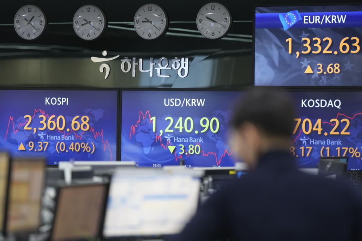 A currency trader walks near the screens showing the Korea Composite Stock Price Index (KOSPI), left, and the foreign exchange rate between U.S. dollar and South Korean won, center, at a foreign exchange dealing room in Seoul, South Korea, Wednesday, Jan. 11, 2023. Asian shares were mostly higher Wednesday, boosted by a rally on Wall Street that came ahead of some potentially market-moving reports due later in the week.