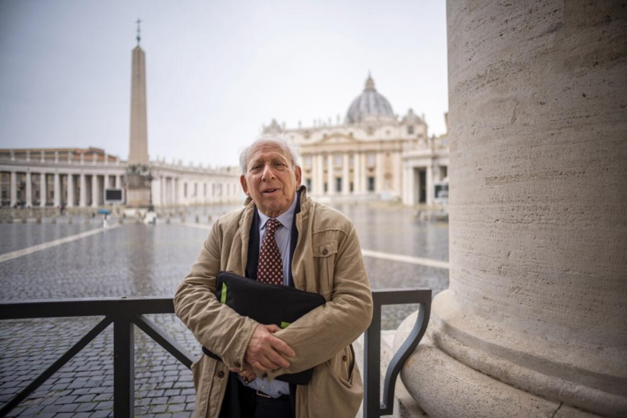 Former Associated Press Rome Bureau Chief Victor Simpson poses for a portrait after an interview with The Associated Press at the Vatican on April 29, 2021. Simpson, who covered the Vatican for over 30 years for The Associated Press before his retirement, recalls the graciousness of Pope Benedict XVI.