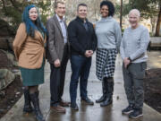 Community Foundation for Southwest Washington board members Karissa Lowe, from left, T. Randall Grove, president Matt Morton, Vanessa Gaston, and George Middleton stand for a portrait outside the CFSW office in downtown Vancouver following a board meeting.