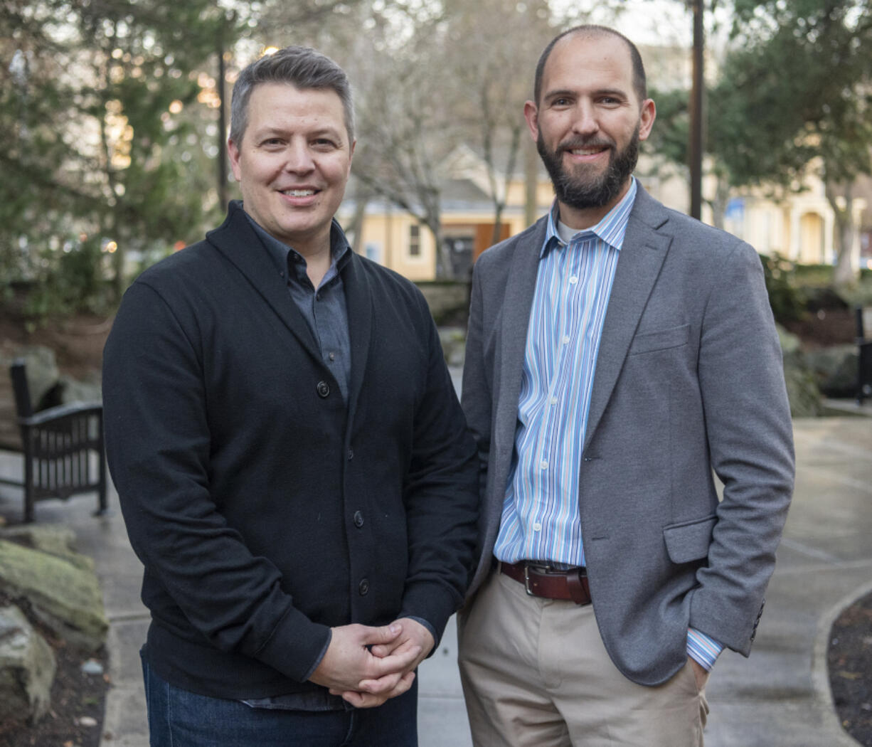 Community Foundation for Southwest Washington president Matt Morton, left, and senior communications officer Maury Harris stand outside of the CFSW office in downtown Vancouver following a recent board meeting.