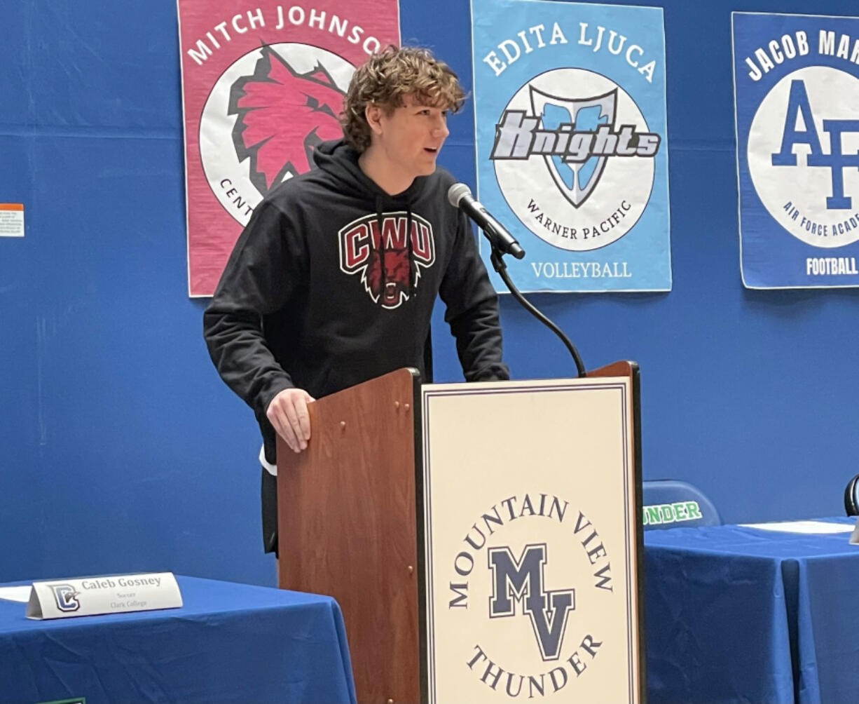 Mountain View senior Mitch Johnson, a Central Washington University football signee, addresses the crowd during the school?s National Signing Day ceremony on Wednesday, Feb. 1, 2023, at Mountain View High School.