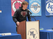 Mountain View senior Mitch Johnson, a Central Washington University football signee, addresses the crowd during the school?s National Signing Day ceremony on Wednesday, Feb. 1, 2023, at Mountain View High School.