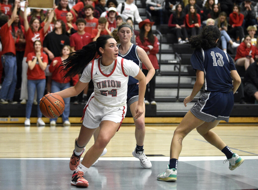 Union’s Ava Smith turns up the court after grabbing a defensive rebound against Skyview on Tuesday, Feb. 7, 2023, at Union High School.