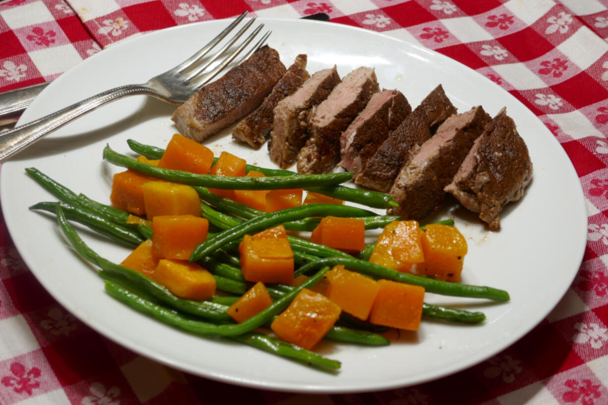 Sweet and Spicy Pork and Roasted Butternut Squash and Green Beans.