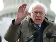 U.S. Sen. Bernie Sanders (I-VT) speaks during a news conference in front of the U.S. Capitol on Feb. 7, 2023, in Washington, DC.